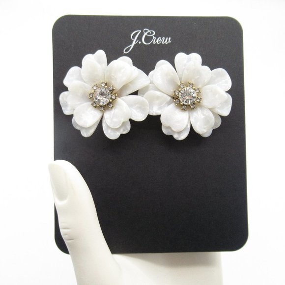 J Crew Full Bloom Floral Resin & Crystal Statement Earrings - White - Picture 1 of 7